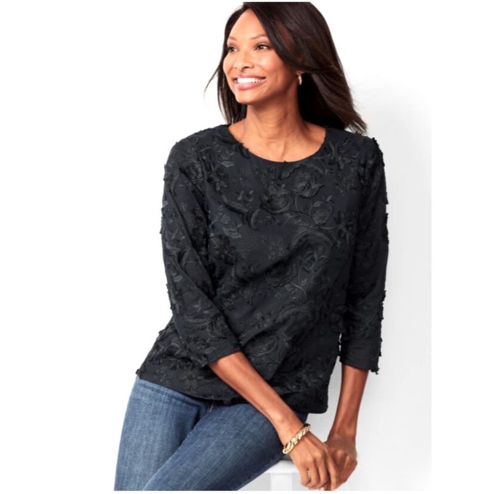 NWT Talbots black floral embroidered top size 14